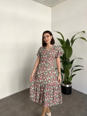 Düğmeli Belinden Kuşaklı Viskon Kumaş Elbise Krem Pembe Yeşil Çiçekli