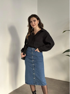 Düğmeli denim uzun etek koyu