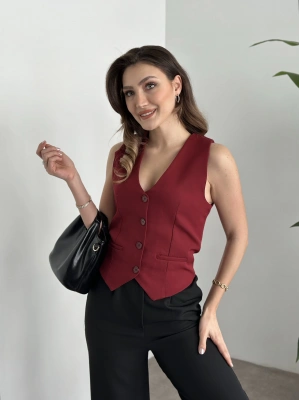 Düğmeli double kumaş yelek bordo