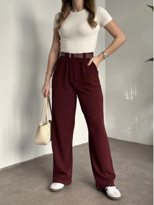 Enine boyuna likralı kemerli pantolon bordo