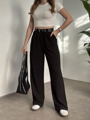 Enine boyuna likralı kemerli pantolon siyah