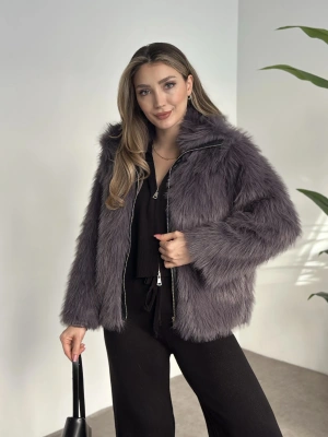 Fermuar detaylı kürk mont antrasit