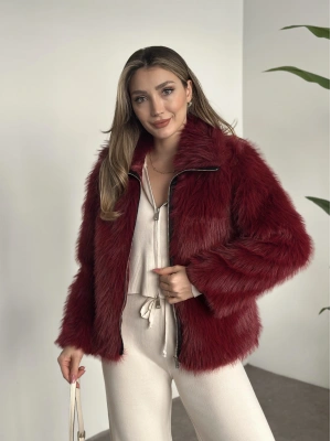 Fermuar detaylı kürk mont bordo