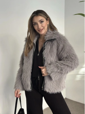 Fermuar detaylı kürk mont gri