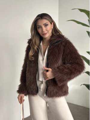 Fermuar detaylı kürk mont kahve