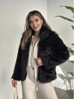 Fermuar detaylı kürk mont siyah