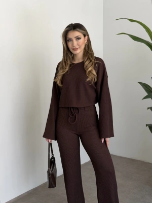 Fitilli salaş crop boy takım kahve