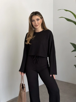 Fitilli salaş crop boy takım siyah