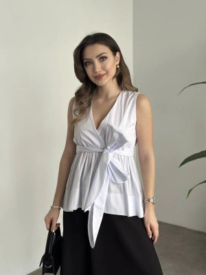 Fiyonk bağlama detaylı poplin kumaş bluz beyaz