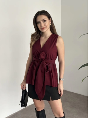 Fiyonk bağlama detaylı poplin kumaş bluz bordo