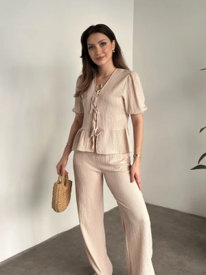 Gofre bağlama detaylı karpuz kol takım krem