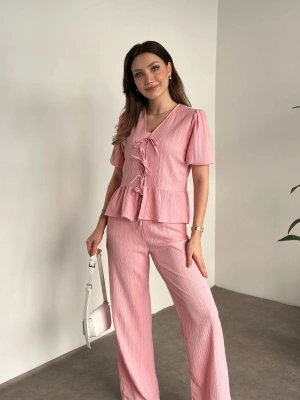 Gofre bağlama detaylı karpuz kol takım pembe