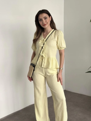 Gofre bağlama detaylı karpuz kol takım sarı