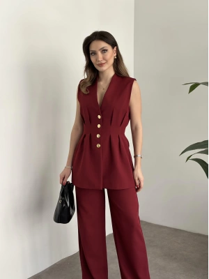 Gold düğmeli belden oturtmalı takım bordo