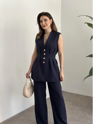 Gold düğmeli belden oturtmalı takım lacivert