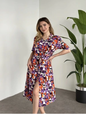 Gömlek Yaka Belinden Kuşakli Viskon Kumaş Elbise Mor Desenli