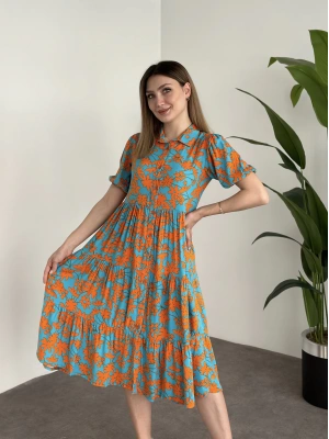 Gömlek Yaka Karpuz Kol Bol Kesim Elbise Turuncu