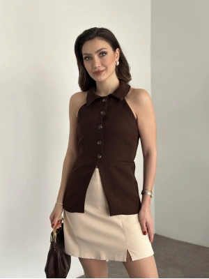 Gömlek yaka kolsuz düğmeli yelek kahve