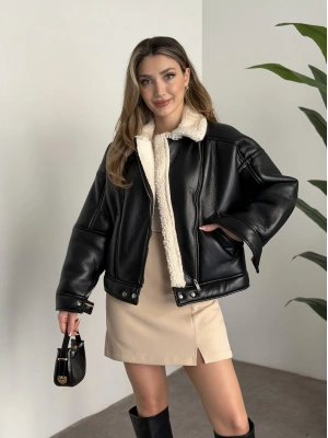 İçi tamamen peluş peluş yumuşak deri fermuarlı mont beyaz