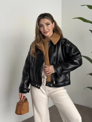 İçi tamamen peluş peluş yumuşak deri fermuarlı mont kahve