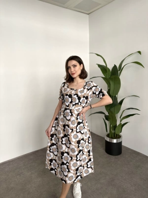 Kare Yaka Düğmeli Poplin Elbise Kahve Çiçekli