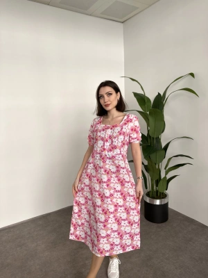 Kare Yaka Düğmeli Poplin Elbise Pembe Çiçekli