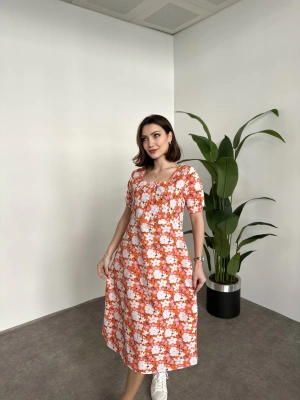 Kare Yaka Düğmeli Poplin Elbise Turuncu çiçekli