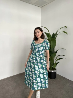 Kare Yaka Düğmeli Poplin Elbise Yeşil Çiçekli