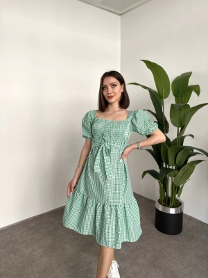 Karpuz Kol Gipeli Kareli Kuşaklı Midi Elbise Yeşil