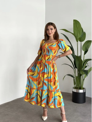 Karpuz Kol Gipeli Pamuklu Viskon Kumaş Elbise Dondurma Desenli