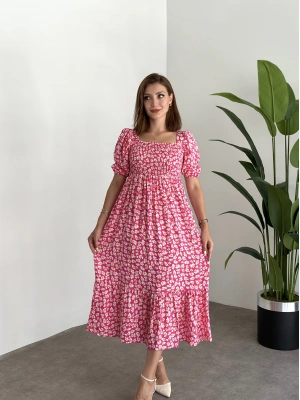 Karpuz Kol Gipeli Pamuklu Viskon Kumaş Elbise Fusya Papatyali