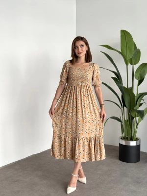 Karpuz Kol Gipeli Pamuklu Viskon Kumaş Elbise Krem Kucuk Çiçekli