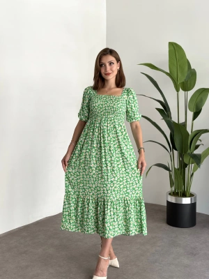 Karpuz Kol Gipeli Pamuklu Viskon Kumaş Elbise Yeşil Papatyali