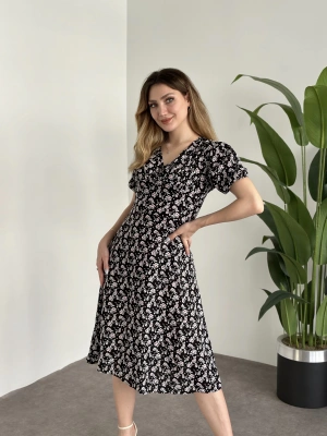 Karpuz Kol Midi Boy Pamuklu Viskon Elbise Siyah