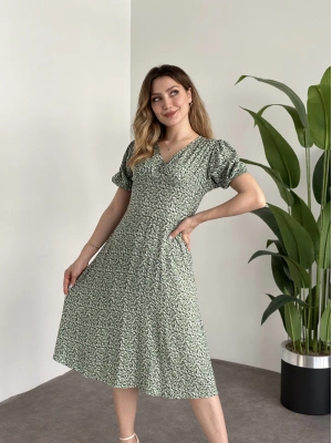 Karpuz Kol Midi Boy Pamuklu Viskon Elbise Yeşil