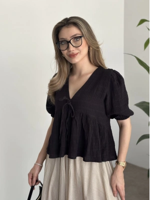 Karpuz kol müslim kumaş bluz siyah