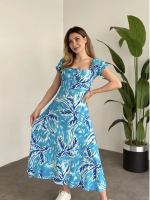 Karpuz Kol Önden Bağcıklı Pamuklu Viskon Elbise Deniz Mavisi