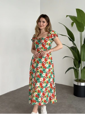 Karpuz Kol Önden Bağcıklı Pamuklu Viskon Elbise Yeşil Kırmızı Çiçekli