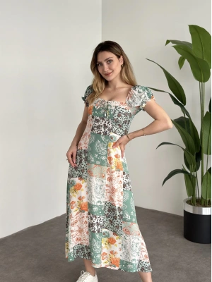 Karpuz Kol Önden Bağcıklı Pamuklu Viskon Elbise Yeşil Motifli