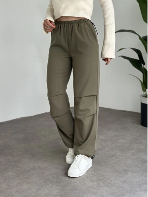 Katlamalı lastik ayarlamalı terikoton kumaş pantolon Haki