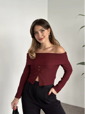 Kayık Yaka Crop Düğmeli Bluz bordo