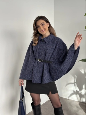 Kemerli saçaklı kaşe panço lacivert