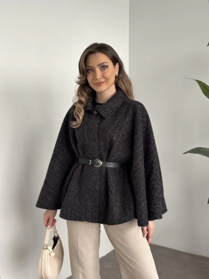 Kemerli saçaklı kaşe panço siyah