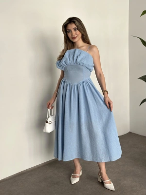 Keten korseli elbise bebek mavisi