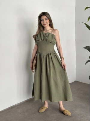Keten korseli elbise haki