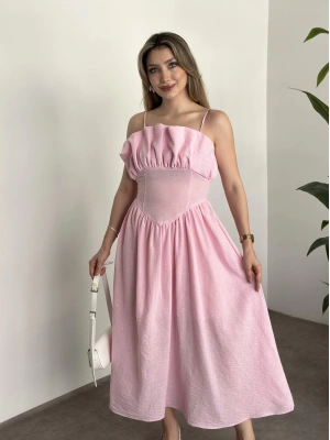 Keten korseli elbise pembe