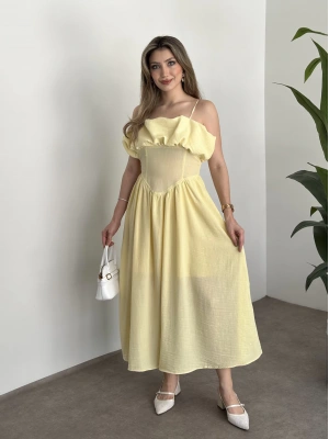 Keten korseli elbise sarı