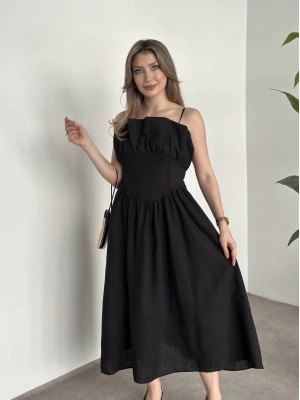Keten korseli elbise siyah