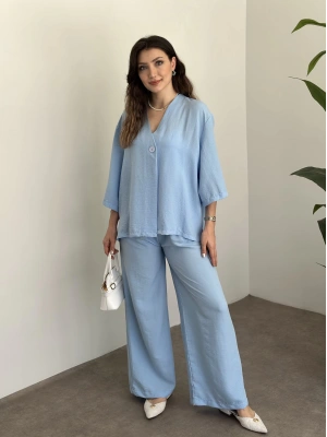 Kimona düğmeli takım bebek mavisi