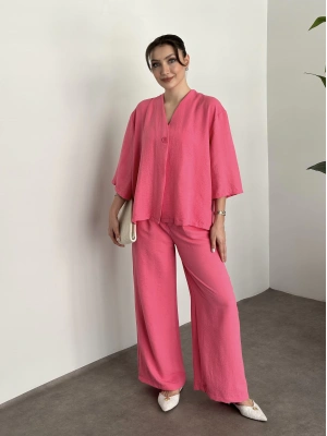 Kimona düğmeli takım pembe